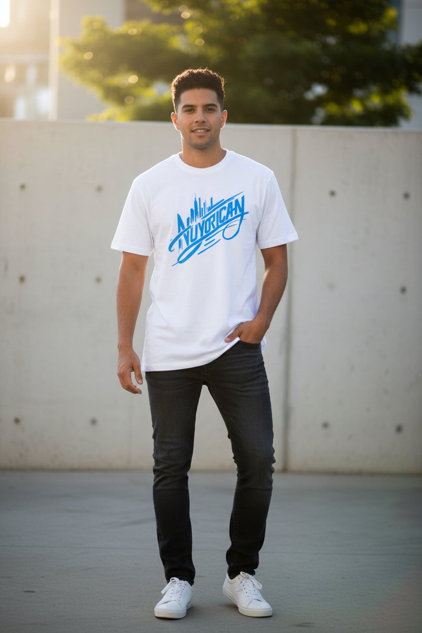 Nuyrican White T shirt blue writting