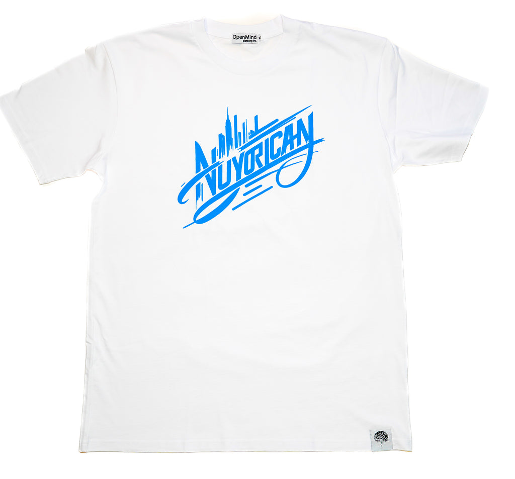 Nuyrican White T shirt blue writting